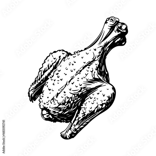 Black and white chicken body sketch – professional vector suitable for use in the food industry, food blogs, recipe illustrations, online delivery branding, and meat processing product promotions.