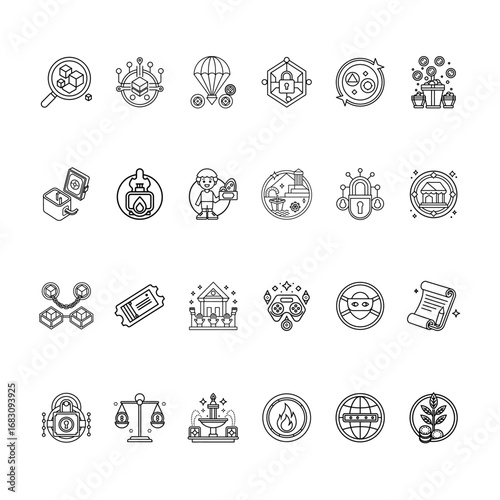 Minimalist Crypto Icon Set for Digital Ventures, Vector Illustration of Blockchain Technology and Financial Systems Icons