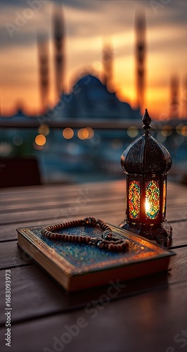 A religious scene at sunset, featuring a prayer book, rosary beads, and a decorative lantern.  Mosque minarets in the background