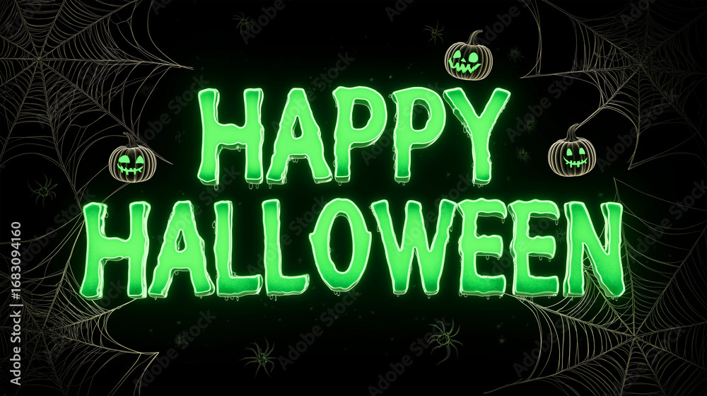 Obraz premium Happy Halloween Celebration: A vibrant, glowing Happy Halloween message with spooky spiderwebs and grinning pumpkin accents, radiating a festive mood for the holiday.