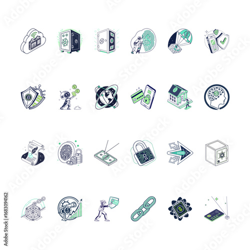 Collection of Crypto Currency and Banking Security Icons, Digital Safety and Financial Services in Modern Vector Illustrations