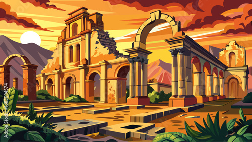 La Antigua Cathedral ruins, Guatemala, reveal arches, columns, and weathered stone walls bathed in golden dusk. Semi-realistic flat vector emphasizing historical depth,