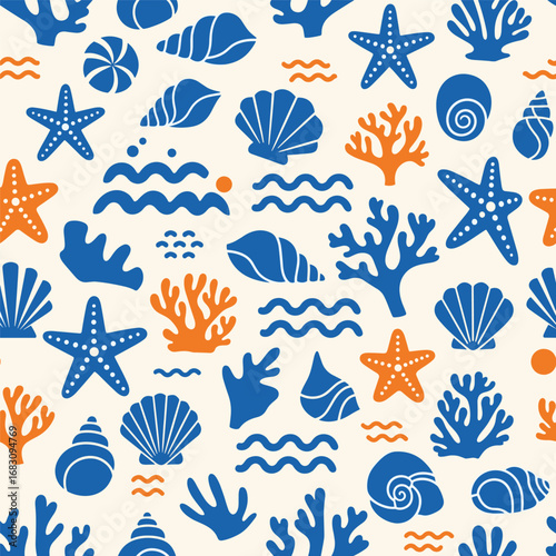 Charming blue and orange coastal seashells and starfish pattern design for summer beach vibes