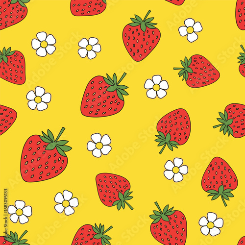 Vibrant summer strawberry and daisy pattern for cheerful textile and stationery designs