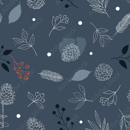 Elegant winter botanical pattern featuring pine cones and berries on a dark blue background