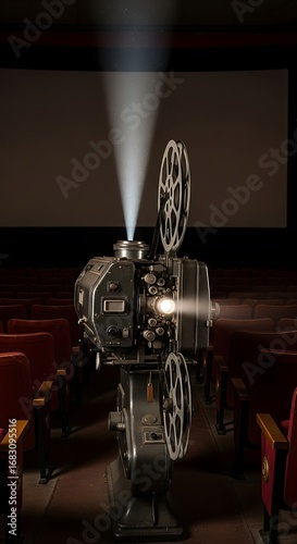 Vintage film projector shining light in darkened theater for entertainment