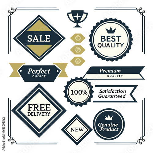 A collection of various vintage-style, graphic design elements.  The elements include ribbons, badges, and labels, all in a combination of dark navy blue and goldbeige colors.  The elements feature di