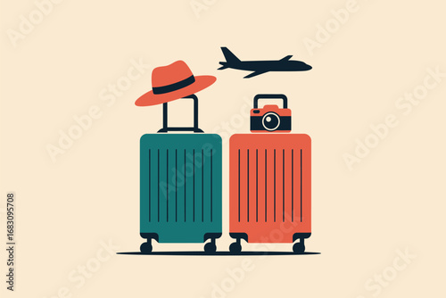 Illustration of two suitcases one with a hat and the other with a camera and a plane flying above