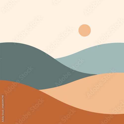 Abstract landscape of rolling hills under a warm sunset sky with a gentle sun