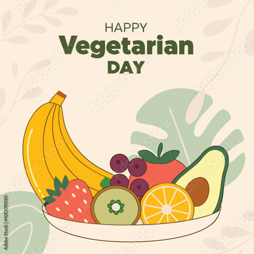 Colorful vegetarian day fruits like banana, kiwi, avocado and strawberry are arranged in a bowl