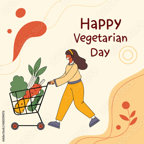 Dark haired woman pulls vegetables in cart, celebrating happy vegetarian day