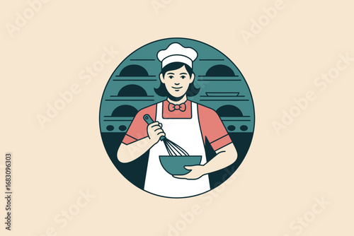 Illustration of a woman in a chef's hat and apron mixing ingredients in a bowl with a whisk tool