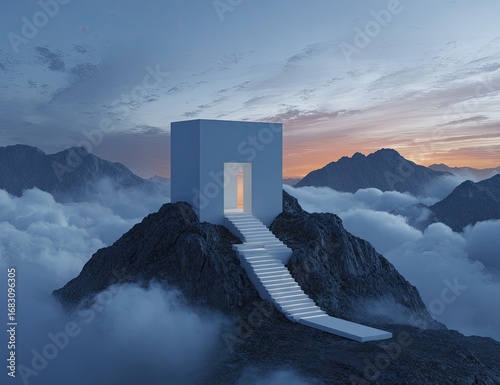 A pristine white rectangular structure, resembling a portal, sits atop a mountain peak shrouded in clouds during dawn or dusk.  A pathway of steps leads up to the entrance