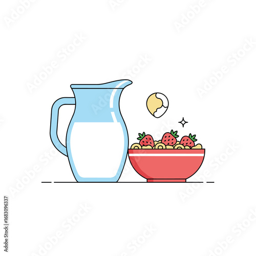 A delicious bowl of cereal with fresh strawberries and a pitcher of cold milk for a healthy breakfast