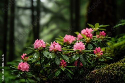 Wallpaper Mural Pink rhododendron flowers bloom vibrantly in misty forest setting, with lush green leaves and moss covered ground creating serene and fresh atmosphere Torontodigital.ca