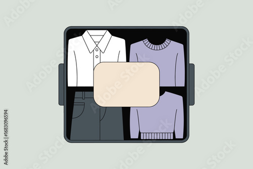A top down view of a suitcase packed with a white shirt two sweaters and pants with a cream rectangle over it