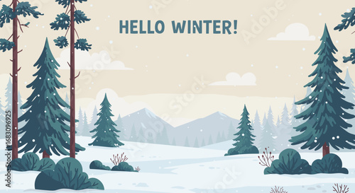 Winter landscape with snow-covered trees and mountains in background , with empty space for text