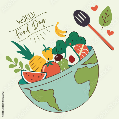 World Food Day art displays fruits and vegetables inside globe bowl with spatula