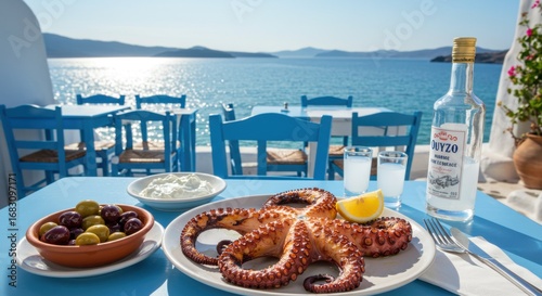 Título: Taverna Grega com Polvo Grelhado e Ouzo à Beira-Mar