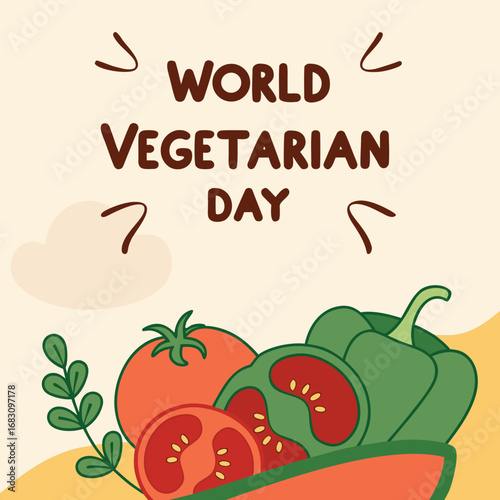 World Vegetarian Day is celebrated near fresh tomatoes and green bell peppers here