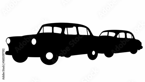 Silhouette illustration of two vintage cars parked closely together on a white background side view style image | editable eps vectors