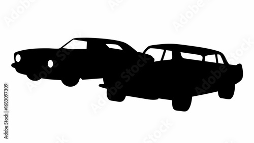 Silhouette depiction of a classic car and a station wagon parked next to each other in black and white | editable eps vectors