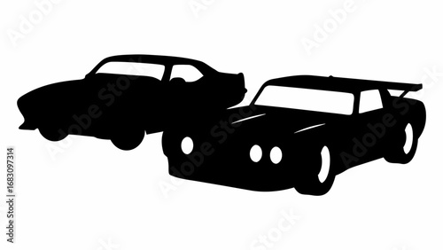 Two cars in silhouette one with a spoiler and round headlights against a white background image view | editable eps vectors