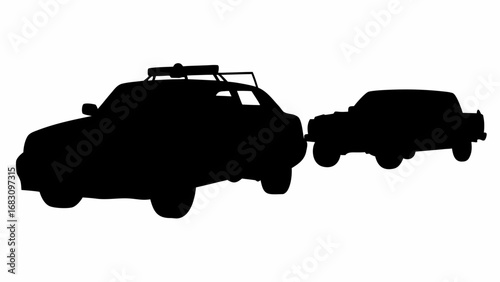 Silhouette of a police car with light bar towing another car in a black and white vector illustration | editable eps vectors