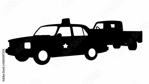 Silhouette of a police car with a star and a light bar towing a pick up truck in black and white style | editable eps vectors