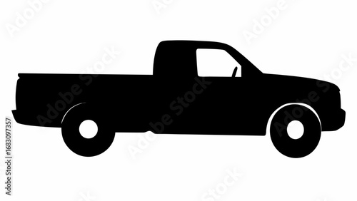 Silhouette depiction of a pickup truck with a visible cab and bed rendered in solid black against white space | editable eps vectors