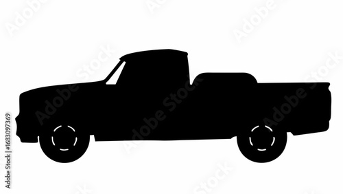Silhouette of a pickup truck with visible wheels and cabin standing on a white background in a vector image | editable eps vectors