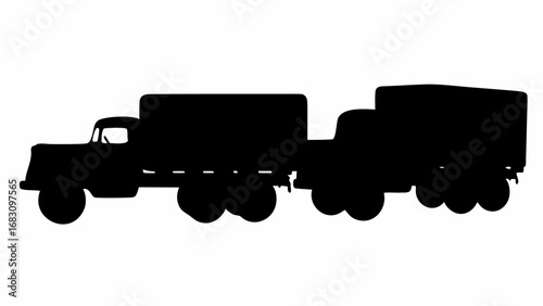 Silhouette of a vintage truck pulling a trailer with boxy containers on a white background showing wheels | editable eps vectors