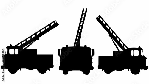 Three fire trucks with ladders in silhouette against a white background each in a different position | editable eps vectors