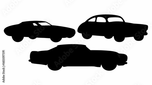Silhouette depiction of three classic cars in a black and white composition showing side profiles of vehicles | editable eps vectors