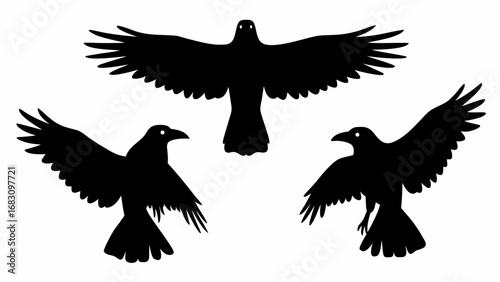 Three black ravens in flight with spread wings against a white background in a simple silhouette style | editable eps vectors