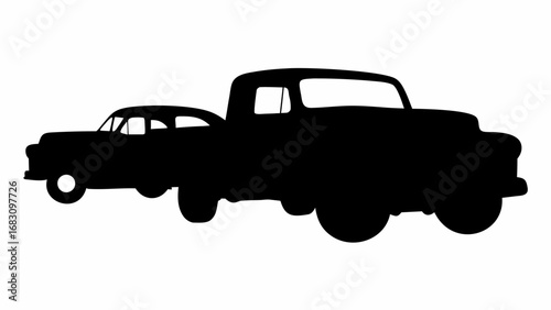 Silhouette depiction of a classic car followed by a pickup truck on a white background, side view | editable eps vectors