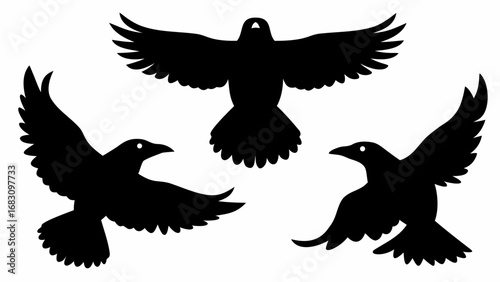 Three black silhouettes of crows in flight with wings spread against a white background creating contrast | editable eps vectors