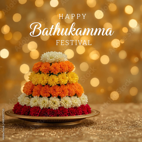 Bathukamma Festival is marked by colorful flower stacks, glowing sparkles, and elegant typography for banners and greetings