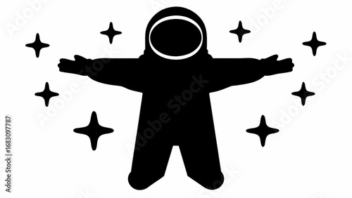 Silhouette of an astronaut with arms outstretched surrounded by stars on a white background in vector format | editable eps vectors