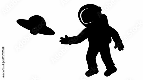 Silhouette of an astronaut reaching out to a flying saucer against a plain white background image view | editable eps vectors