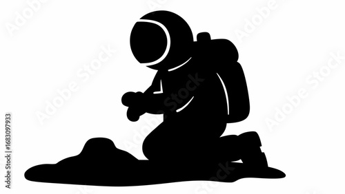 An astronaut in a spacesuit kneeling on a dark surface examining something closely with a white background | editable eps vectors silhouette
