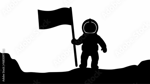 Silhouette of astronaut holding a flag on a lunar surface with craters and a white background space scene | editable eps vectors