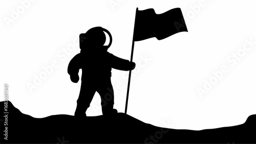 Silhouette of an astronaut planting a flag on a dark surface against a white background in space view | editable eps vectors