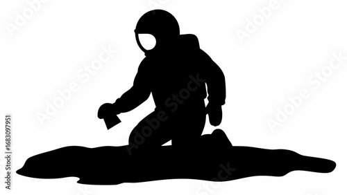 Silhouette of an astronaut kneeling on a dark surface holding a rectangular object in their hand on white ground | editable eps vectors