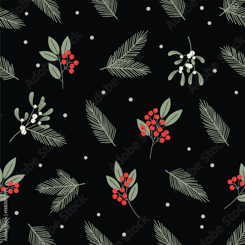 Festive winter holiday botanical pattern featuring holly berries mistletoe and pine needles on a black background