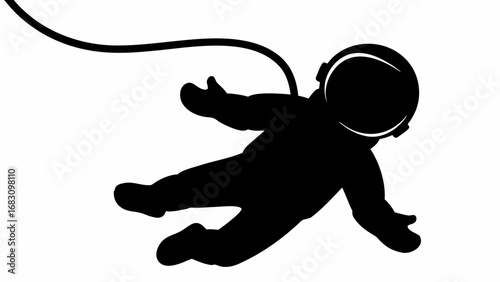 Silhouette of astronaut floating in space with tether connected to spacecraft in black and white style | editable eps vectors