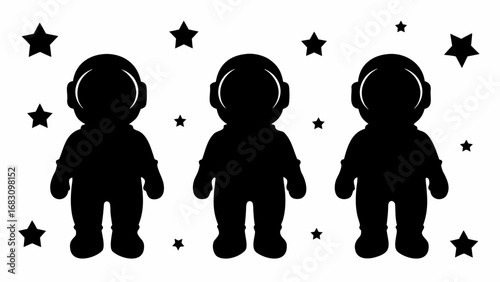 Three astronaut silhouettes floating among stars in a black and white space themed illustration | editable eps vectors