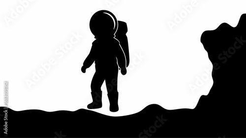 Silhouette of an astronaut exploring a dark landscape with a mountain range against a white background | editable eps vectors