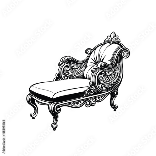 Vintage illustration of a wooden chaise longue and sofa in a comfortable on white background.