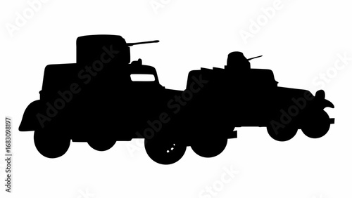 Silhouette depiction of two armored vehicles with mounted turrets and gun barrels in a side by side view | editable eps vectors